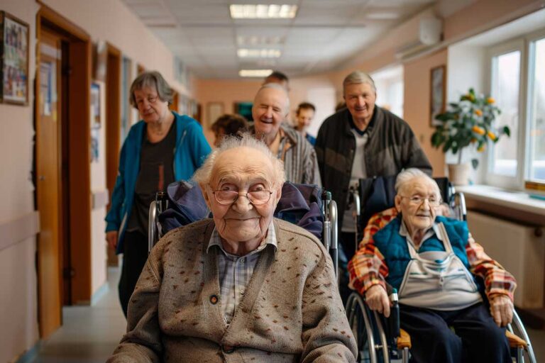 Older adults participating in a gentle chair yoga class together in a bright activity room.
